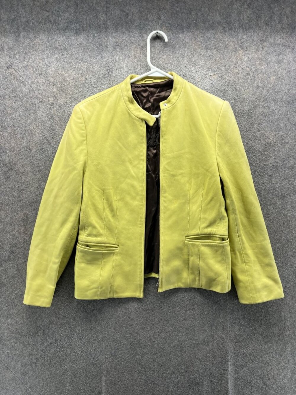 Brioni Jacket Womens 46R Yellow Leather Full Zip Short Collared Lined Italy